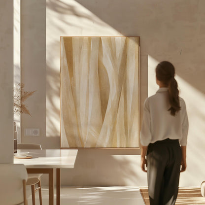 Golden beige ribbon strands flowing diagonally, canvas wall art on a quiet wall in a considered interior