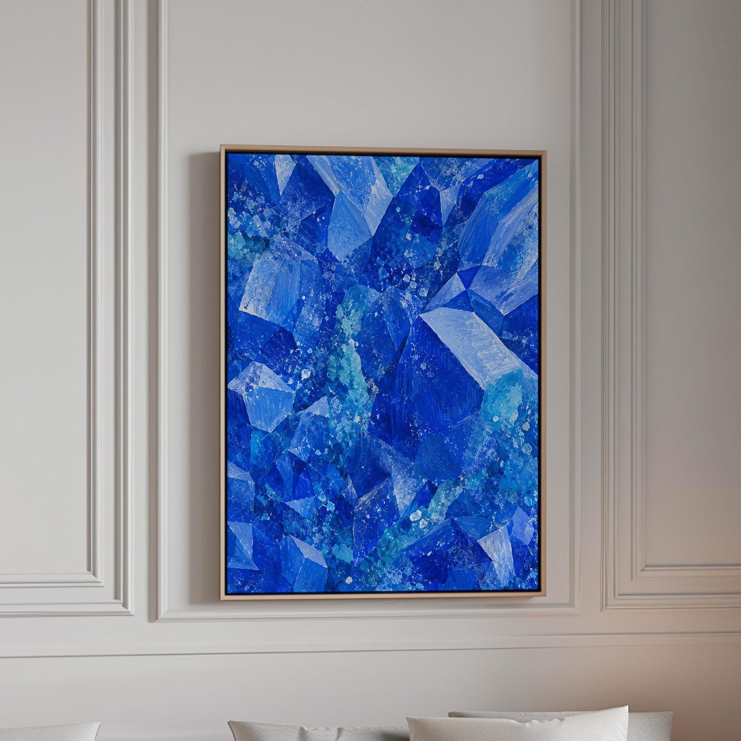Faceted sapphire crystal planes with turquoise sparks, canvas print in a bright room with natural daylight