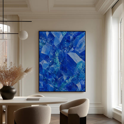 Faceted sapphire crystal planes with turquoise sparks, canvas print presented in a light, minimal room