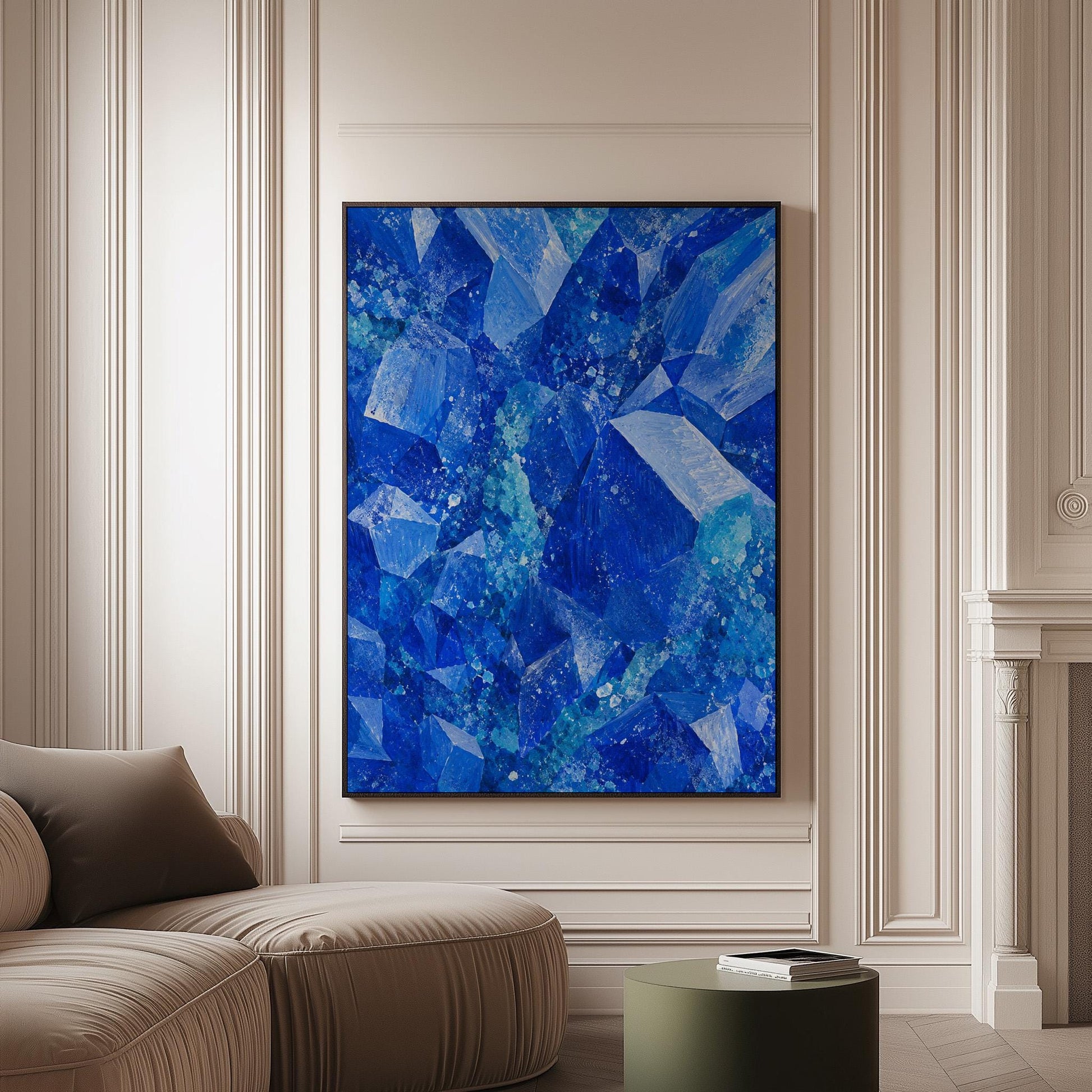 Faceted sapphire crystal planes with turquoise sparks, canvas print on a softly lit wall in a calm interior