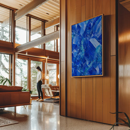 Faceted sapphire crystal planes with turquoise sparks, canvas print shown to scale in a furnished room