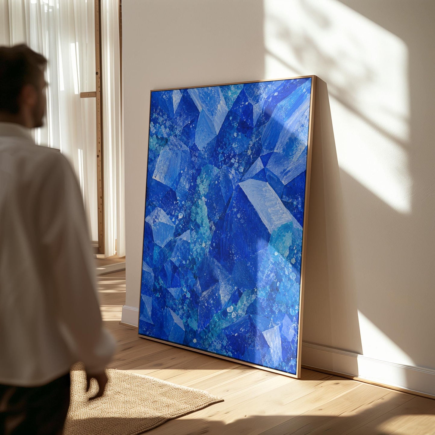 Faceted sapphire crystal planes with turquoise sparks, canvas print shown in a sunlit, contemporary room