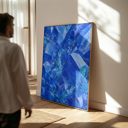 Faceted sapphire crystal planes with turquoise sparks, canvas print shown in a sunlit, contemporary room