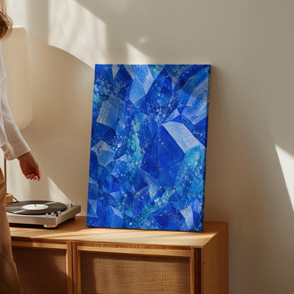 Faceted sapphire crystal planes with turquoise sparks, canvas wall art styled against a soft white wall