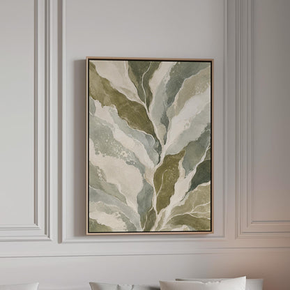 Flowing olive green leaves with soft marbled look, canvas print in a bright room with natural daylight