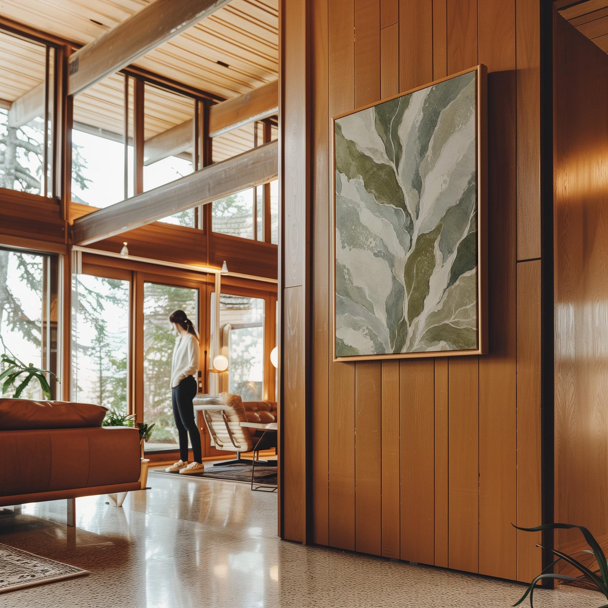 Flowing olive green leaves with soft marbled look, canvas print on a quiet wall in a considered interior
