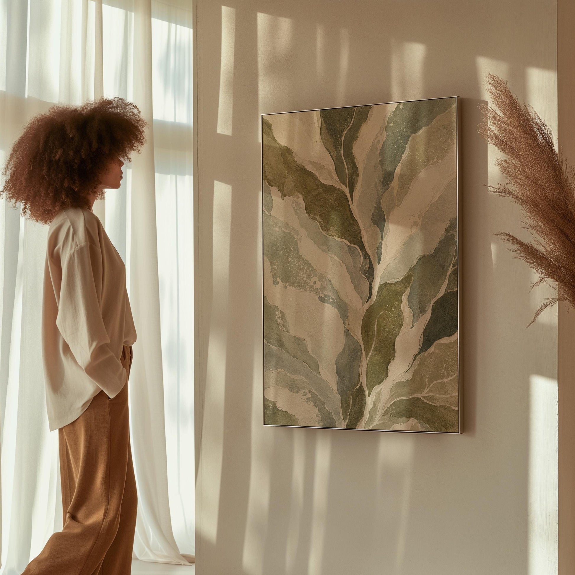 Flowing olive green leaves with soft marbled look, canvas print displayed on a neutral wall in a styled interior