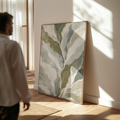 Flowing olive green leaves with soft marbled look, canvas wall art hanging in a calm, modern living space
