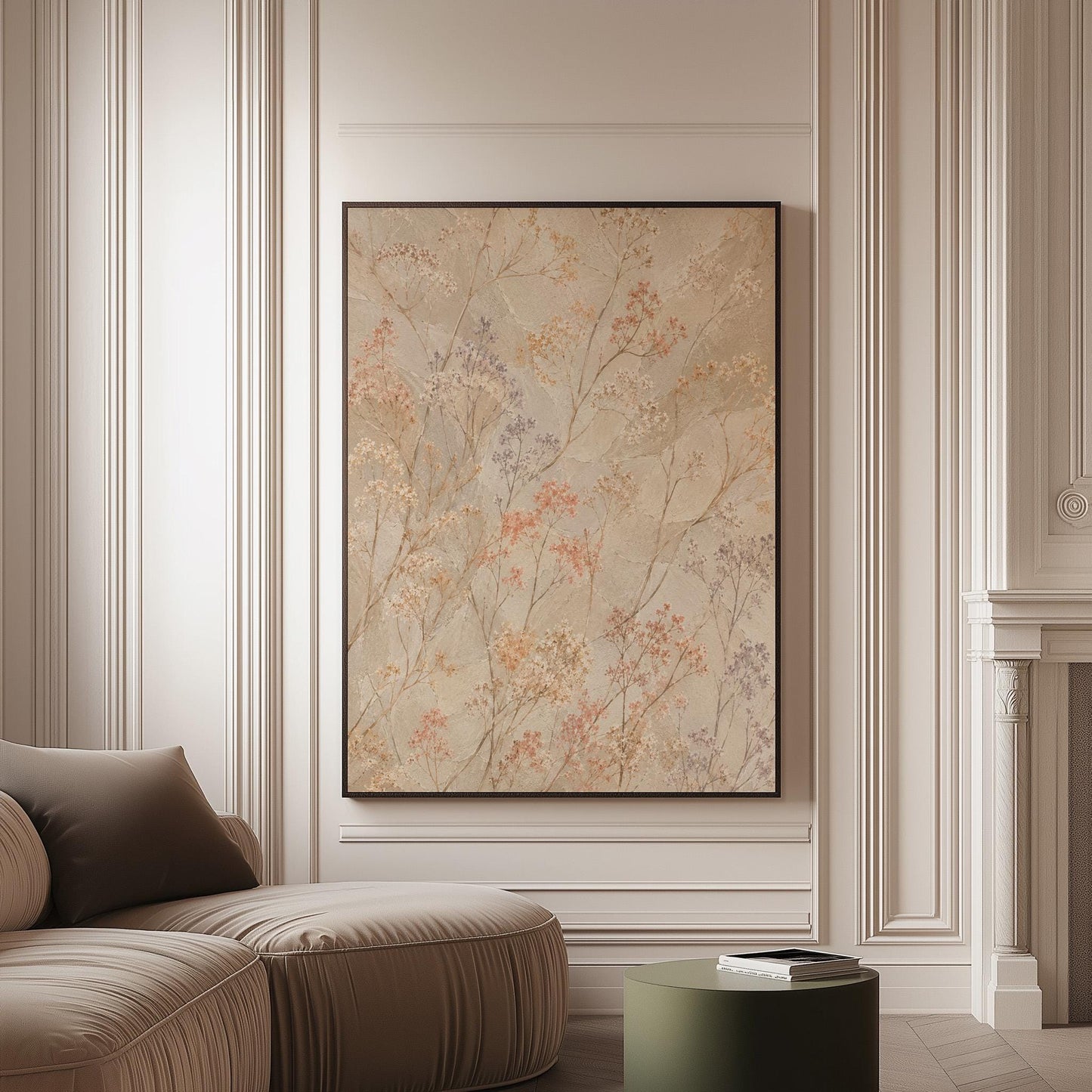 Fine sprigs and tiny blooms scattered on cream, canvas print on a softly lit wall in a calm interior