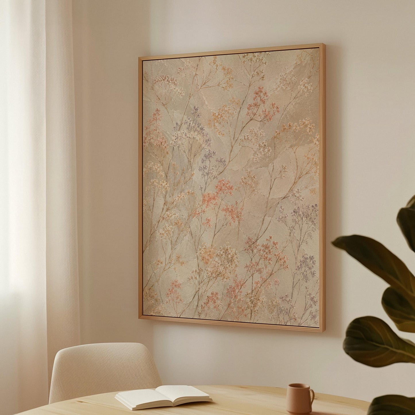 Fine sprigs and tiny blooms scattered on cream, canvas wall art seen in a warm interior with natural light