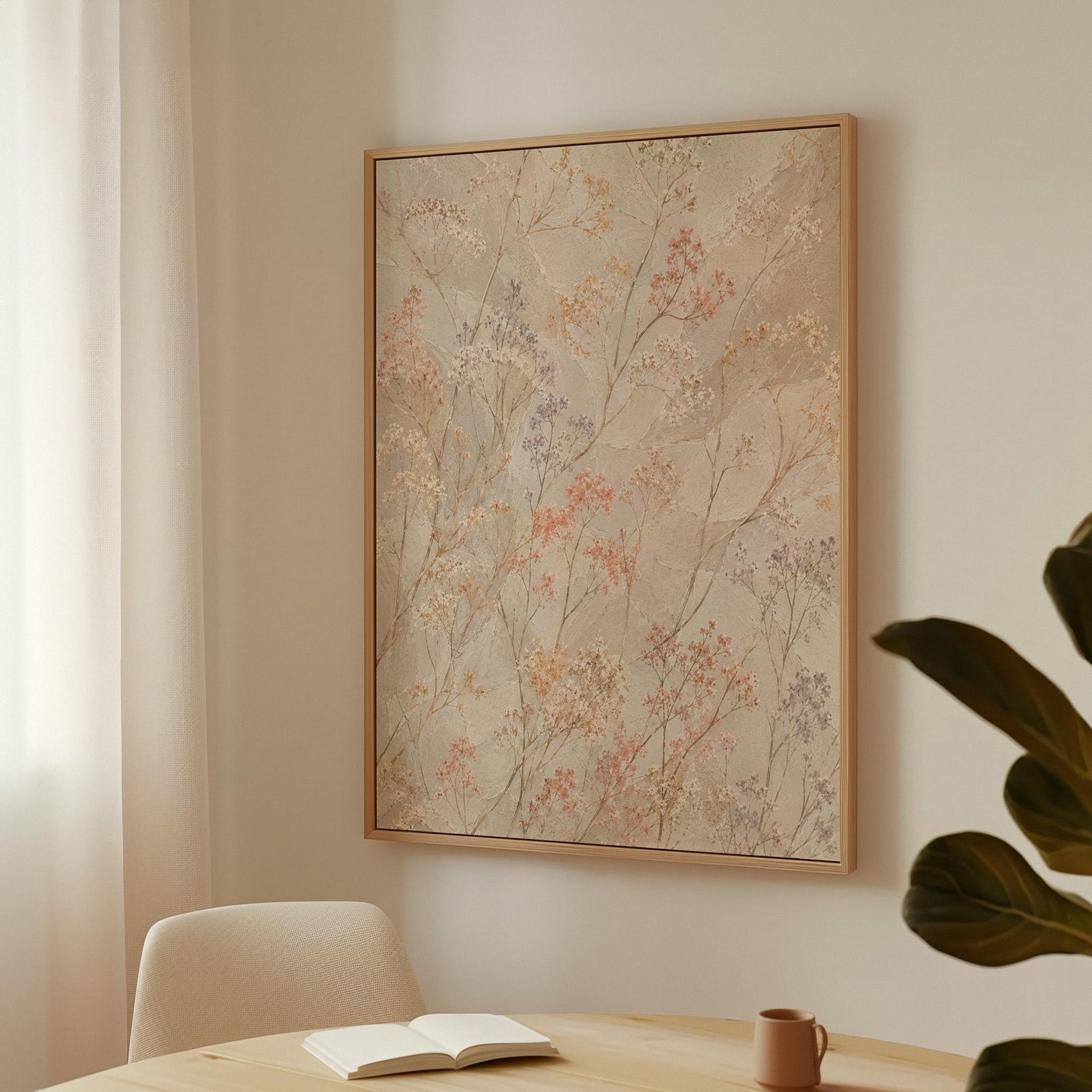 Fine sprigs and tiny blooms scattered on cream, canvas wall art seen in a warm interior with natural light
