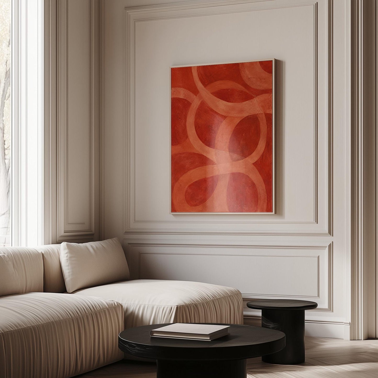 Interlocking loop rings in burnt orange and rust, canvas wall art on a quiet wall in a considered interior