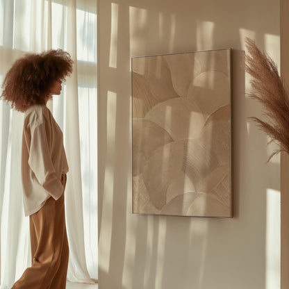 Sweeping layered petal curves in cream tones, canvas print shown to scale in a furnished room