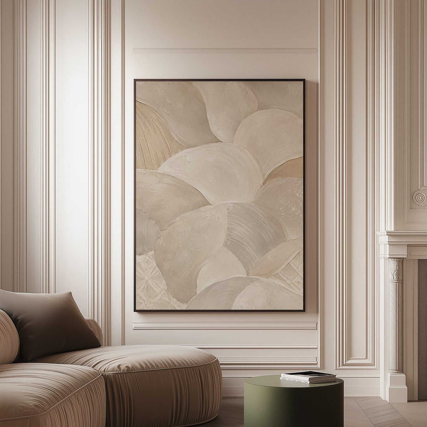 Sweeping layered petal curves in cream tones, canvas print on a softly lit wall in a calm interior
