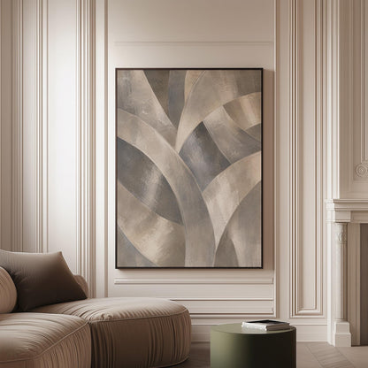 Crossing curved silver bands in graceful motion, canvas print on a softly lit wall in a calm interior