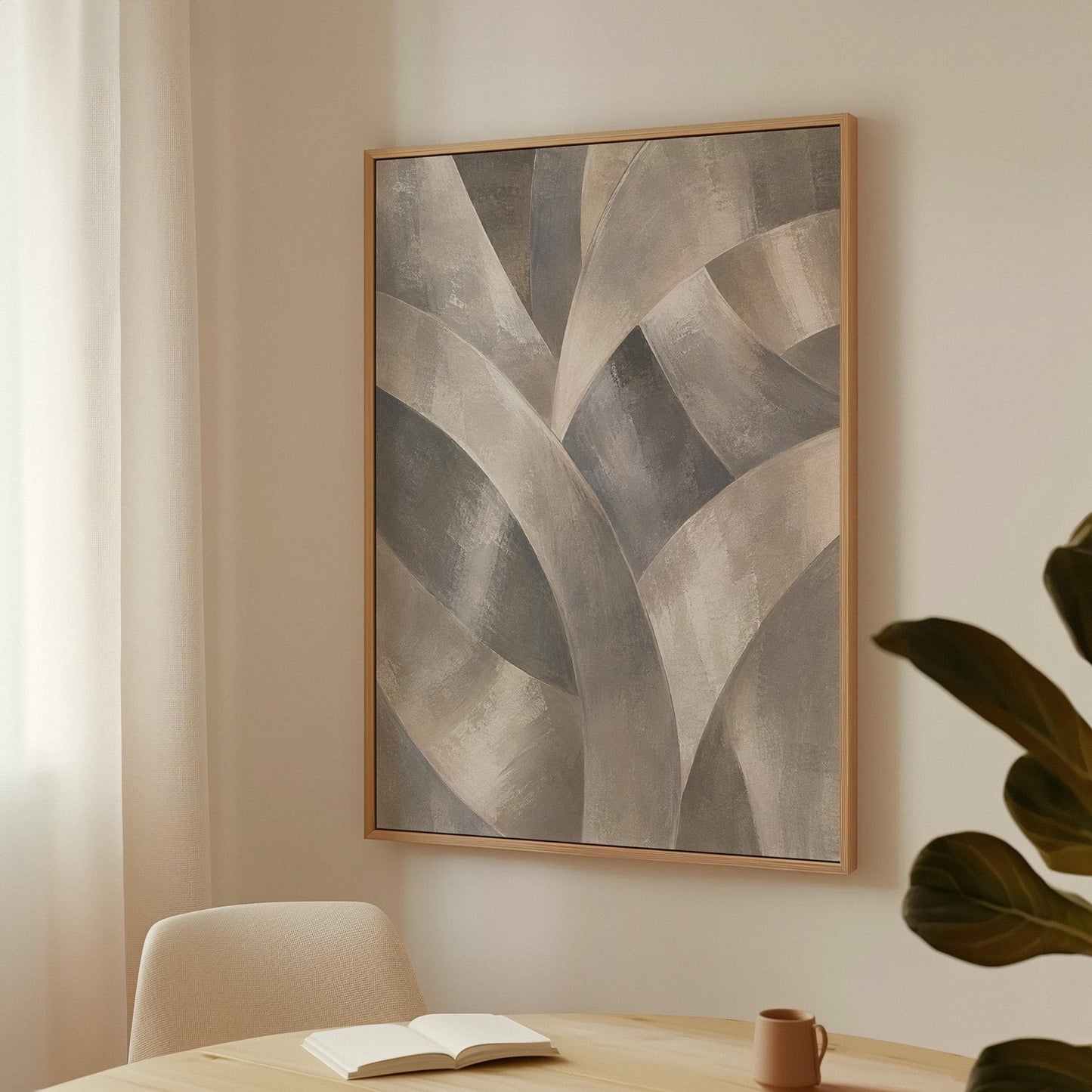 Crossing curved silver bands in graceful motion, canvas print styled against a soft white wall