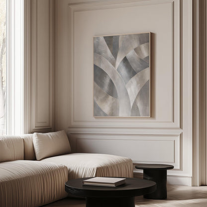 Crossing curved silver bands in graceful motion, canvas print shown to scale in a furnished room
