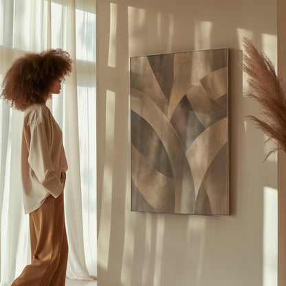 Crossing curved silver bands in graceful motion, canvas print shown in a sunlit, contemporary room
