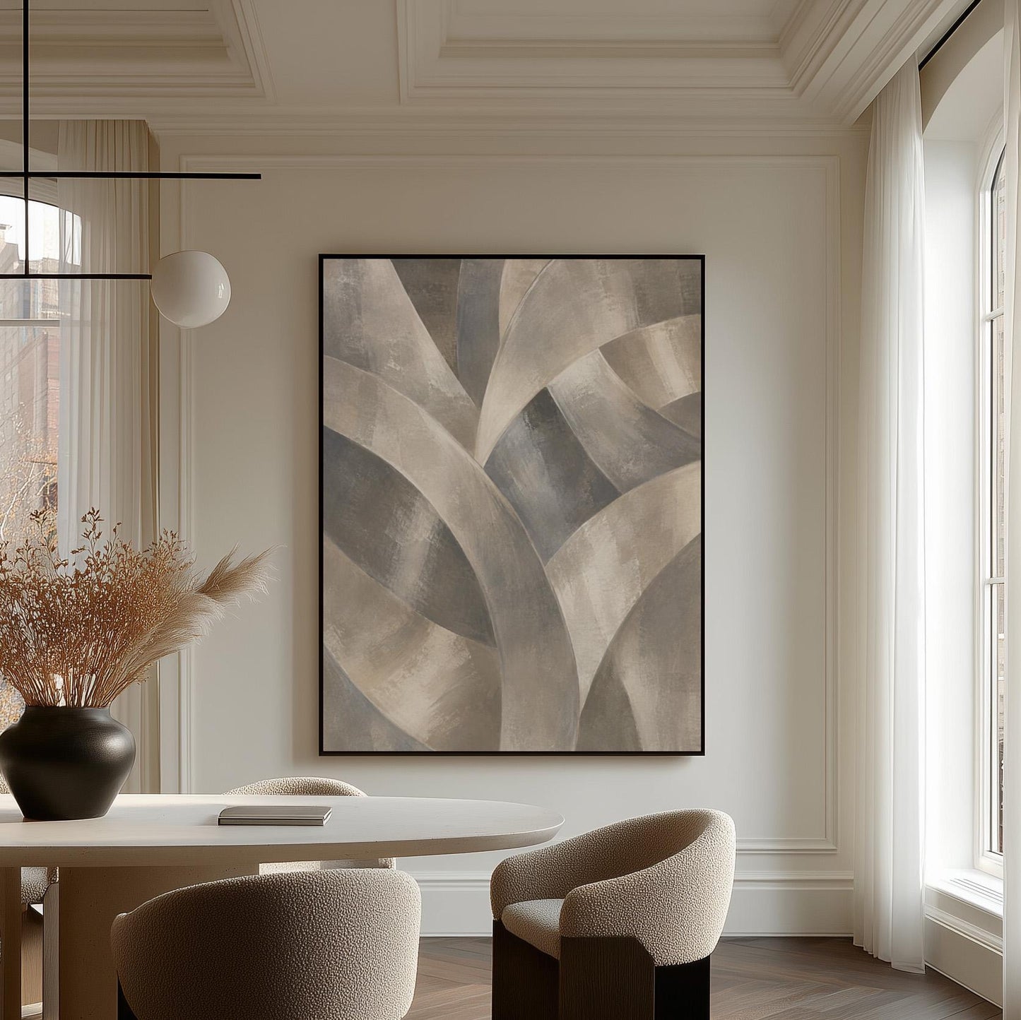 Crossing curved silver bands in graceful motion, canvas wall art styled against a soft white wall