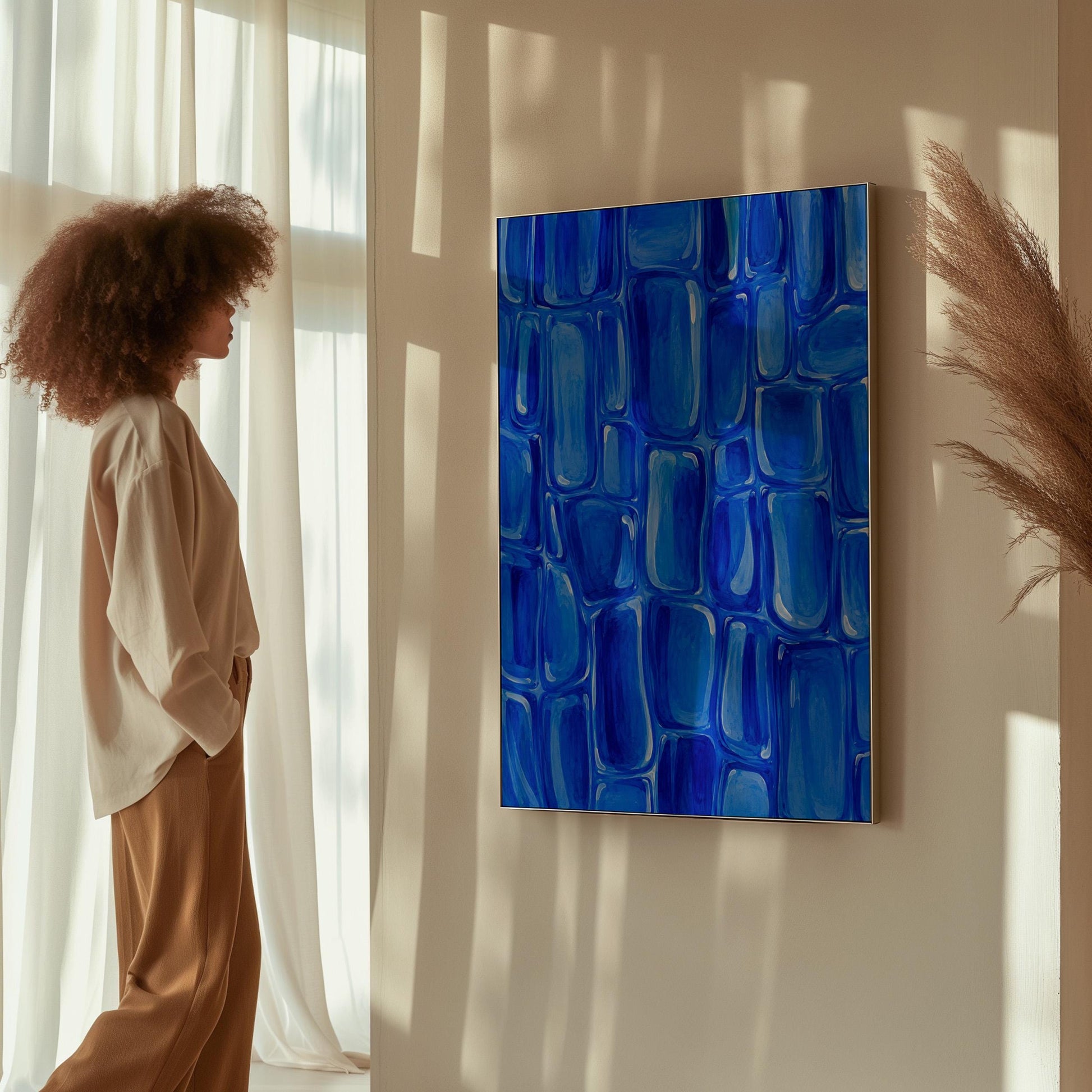 Bold cobalt brush stroke blocks in painterly rows, canvas print styled against a soft white wall
