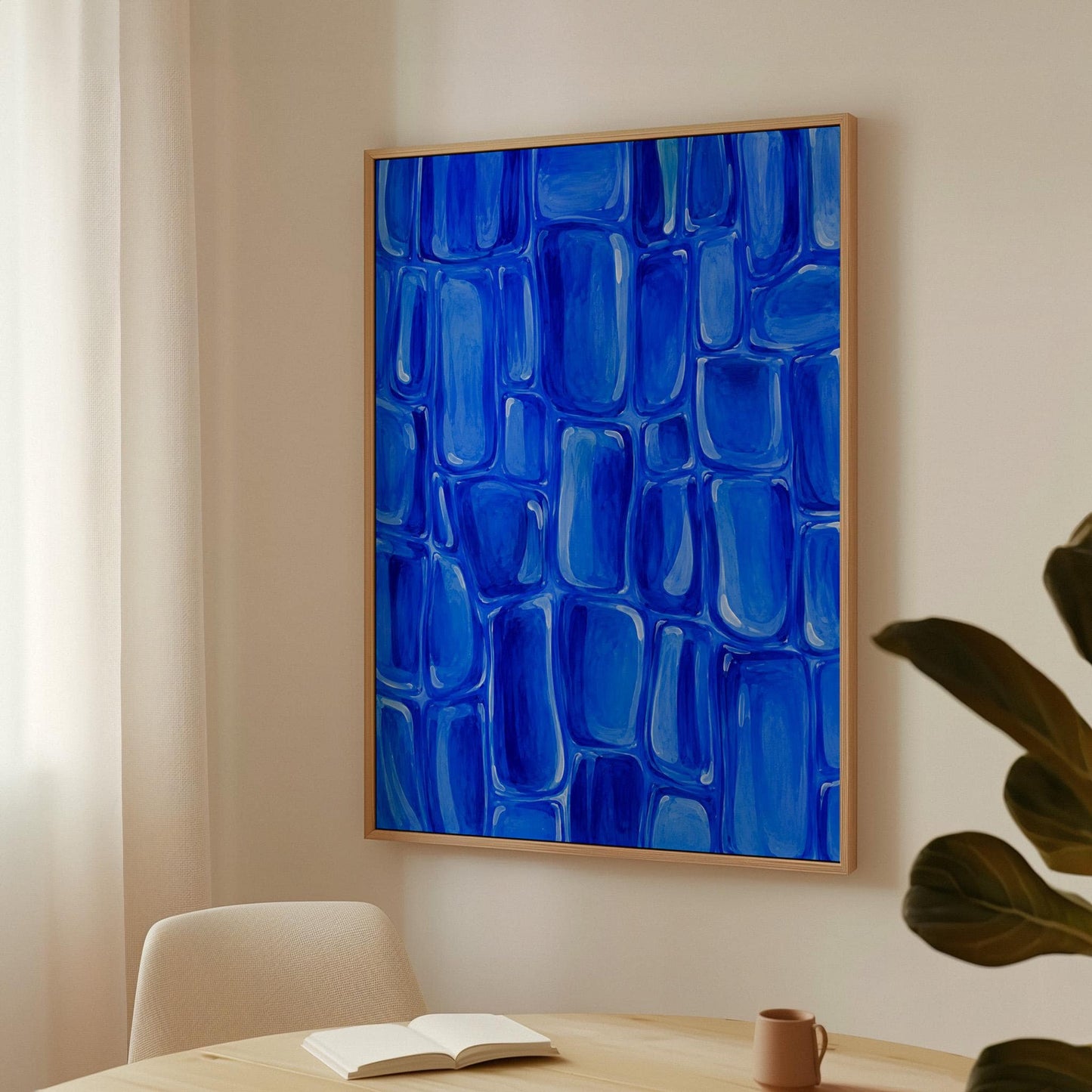 Bold cobalt brush stroke blocks in painterly rows, canvas print presented in a light, minimal room