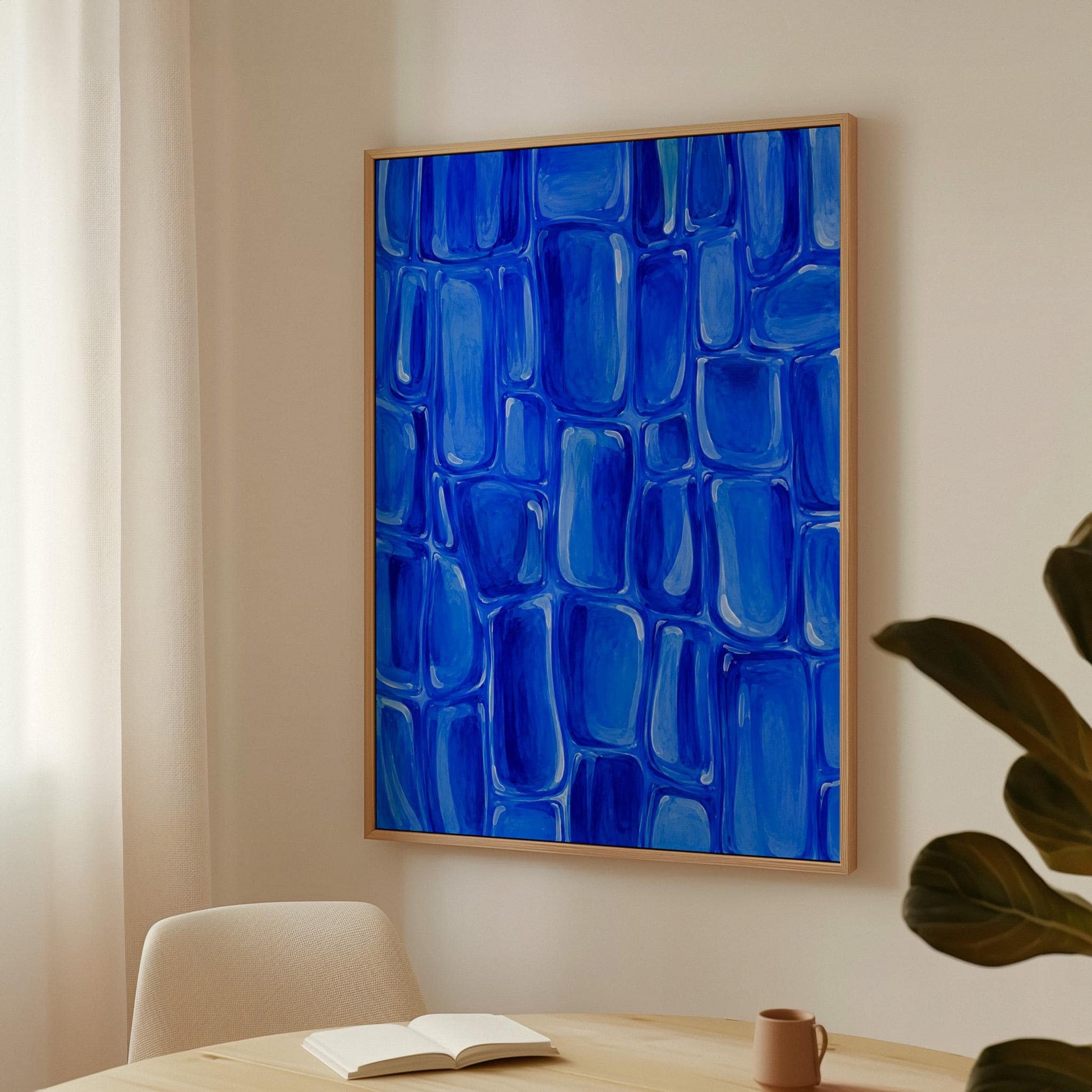 Bold cobalt brush stroke blocks in painterly rows, canvas print presented in a light, minimal room