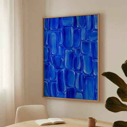 Bold cobalt brush stroke blocks in painterly rows, canvas print presented in a light, minimal room