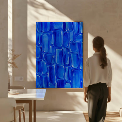 Bold cobalt brush stroke blocks in painterly rows, canvas print shown in a sunlit, contemporary room