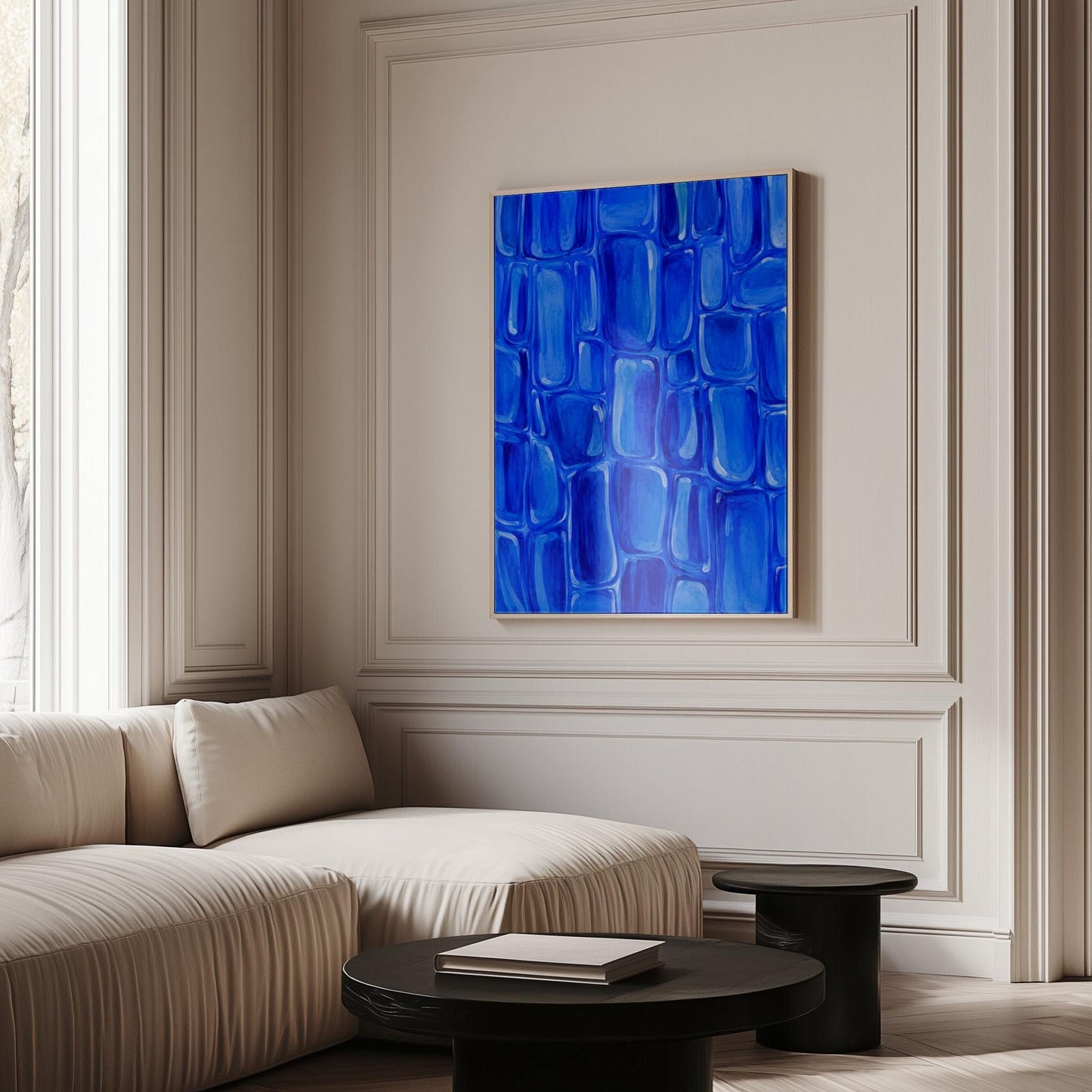 Bold cobalt brush stroke blocks in painterly rows, canvas wall art presented in a light, minimal room