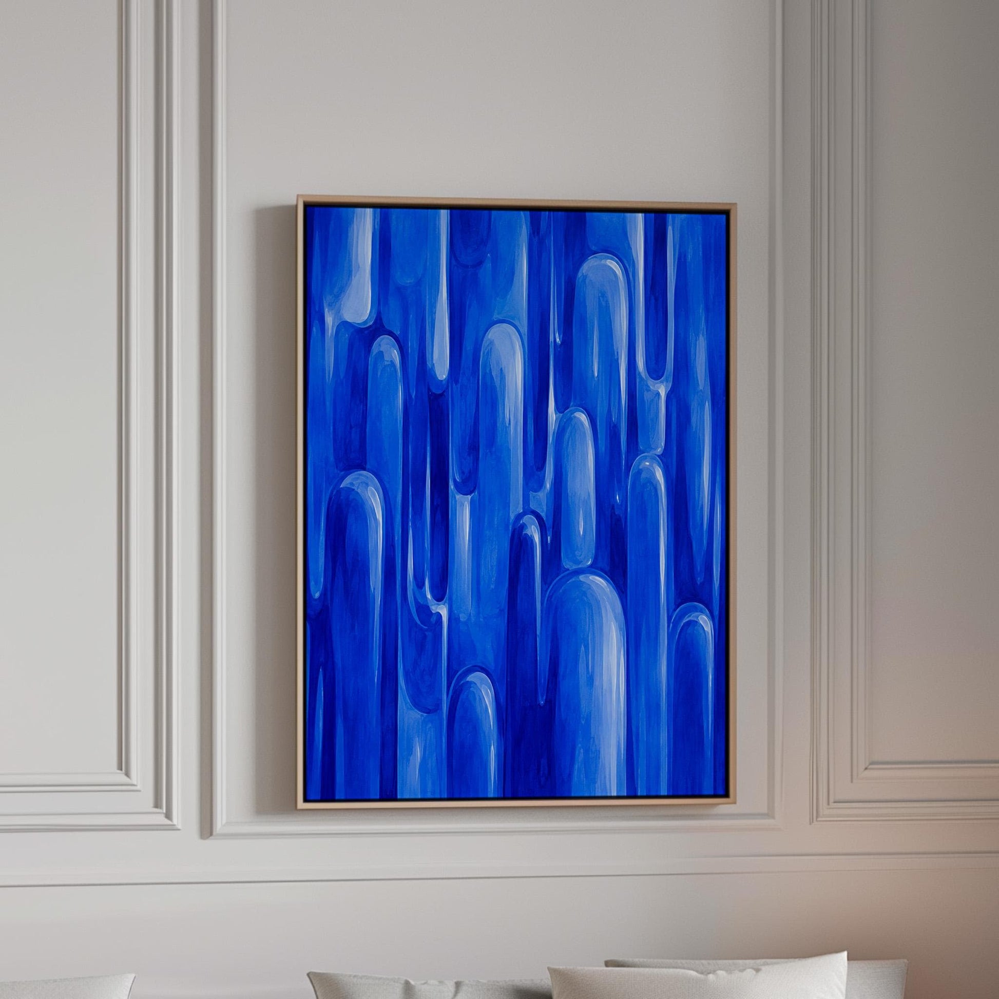 Vertical cobalt streaks like flowing rain, canvas print in a bright room with natural daylight
