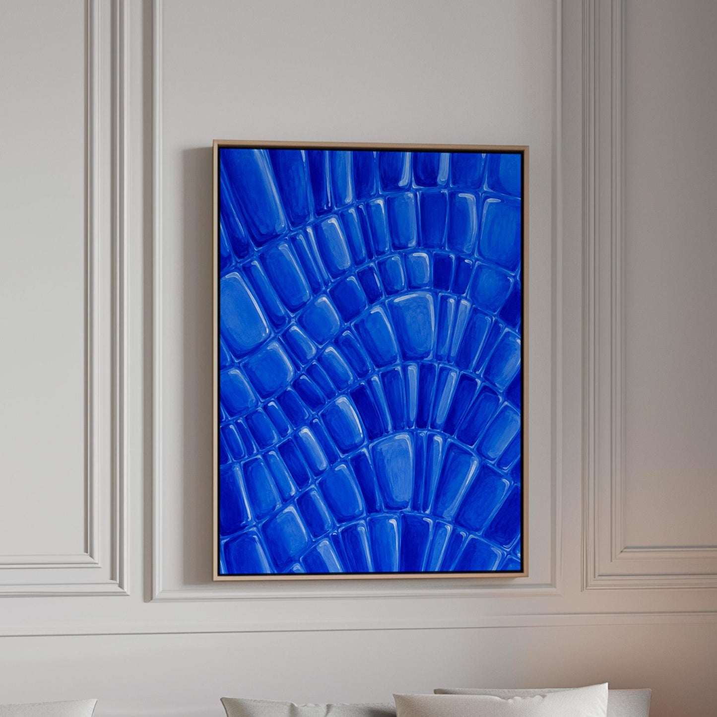 Fan arcs of cobalt mosaic pebbles, canvas print in a bright room with natural daylight