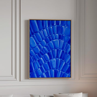 Fan arcs of cobalt mosaic pebbles, canvas print in a bright room with natural daylight