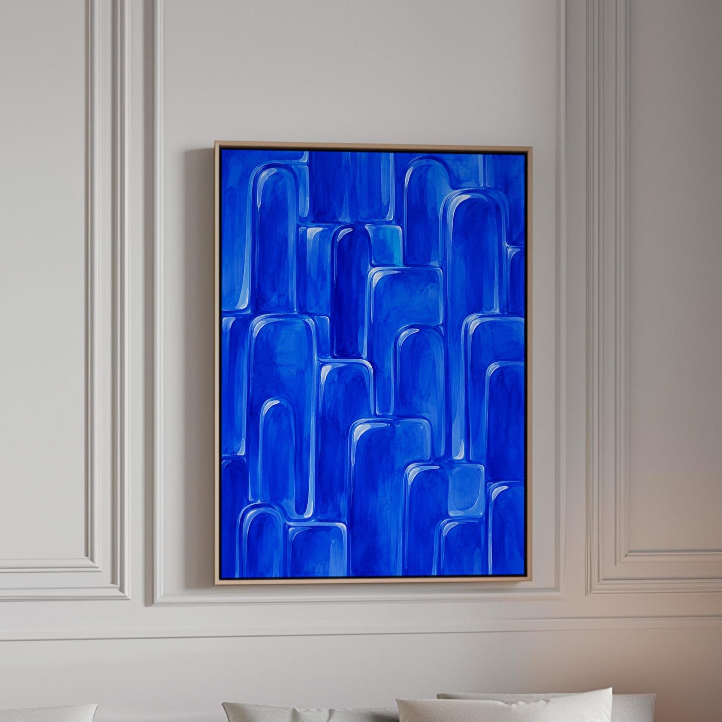 Rounded arch tile shapes in vivid cobalt blue, canvas print in a bright room with natural daylight