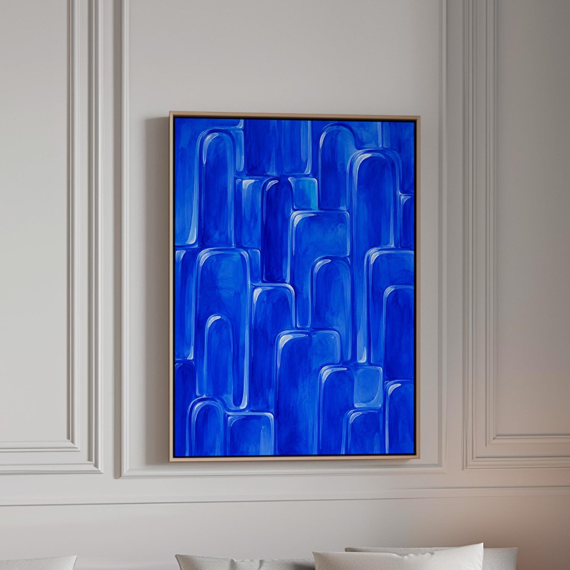 Rounded arch tile shapes in vivid cobalt blue, canvas print in a bright room with natural daylight