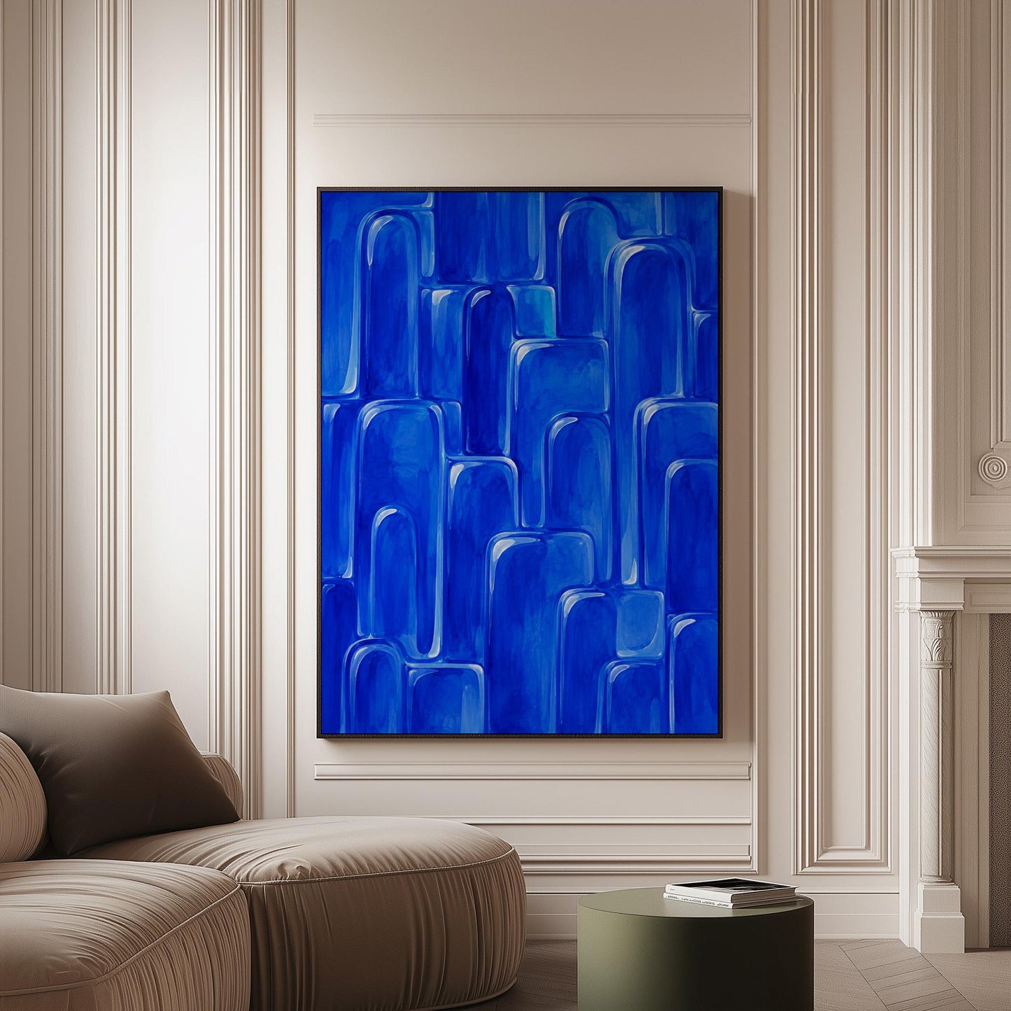 Rounded arch tile shapes in vivid cobalt blue, canvas print on a softly lit wall in a calm interior