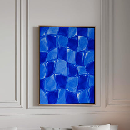 Wavy checkered squares in deep cobalt blue, canvas print in a bright room with natural daylight