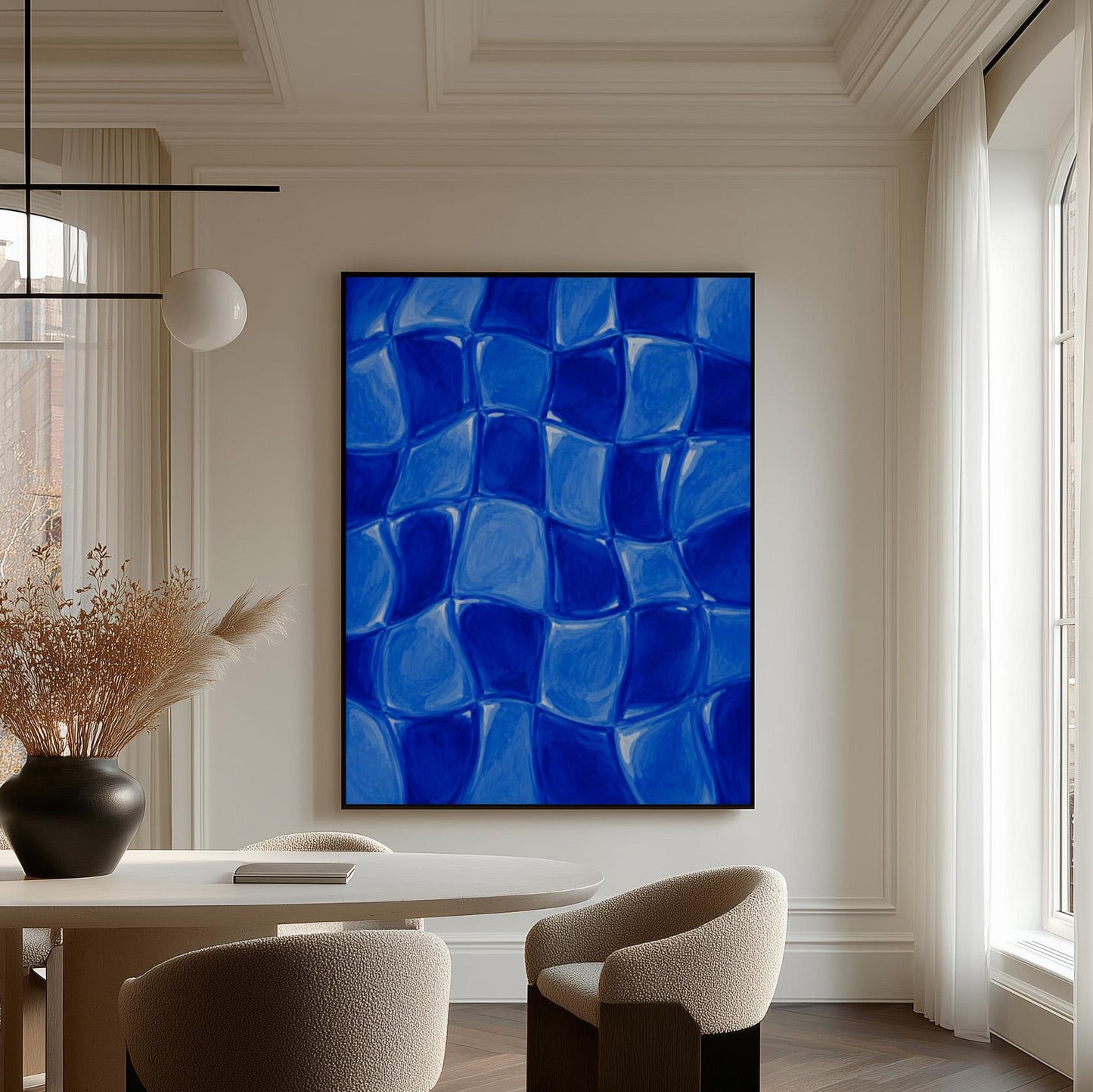 Wavy checkered squares in deep cobalt blue, canvas print seen in a warm interior with natural light