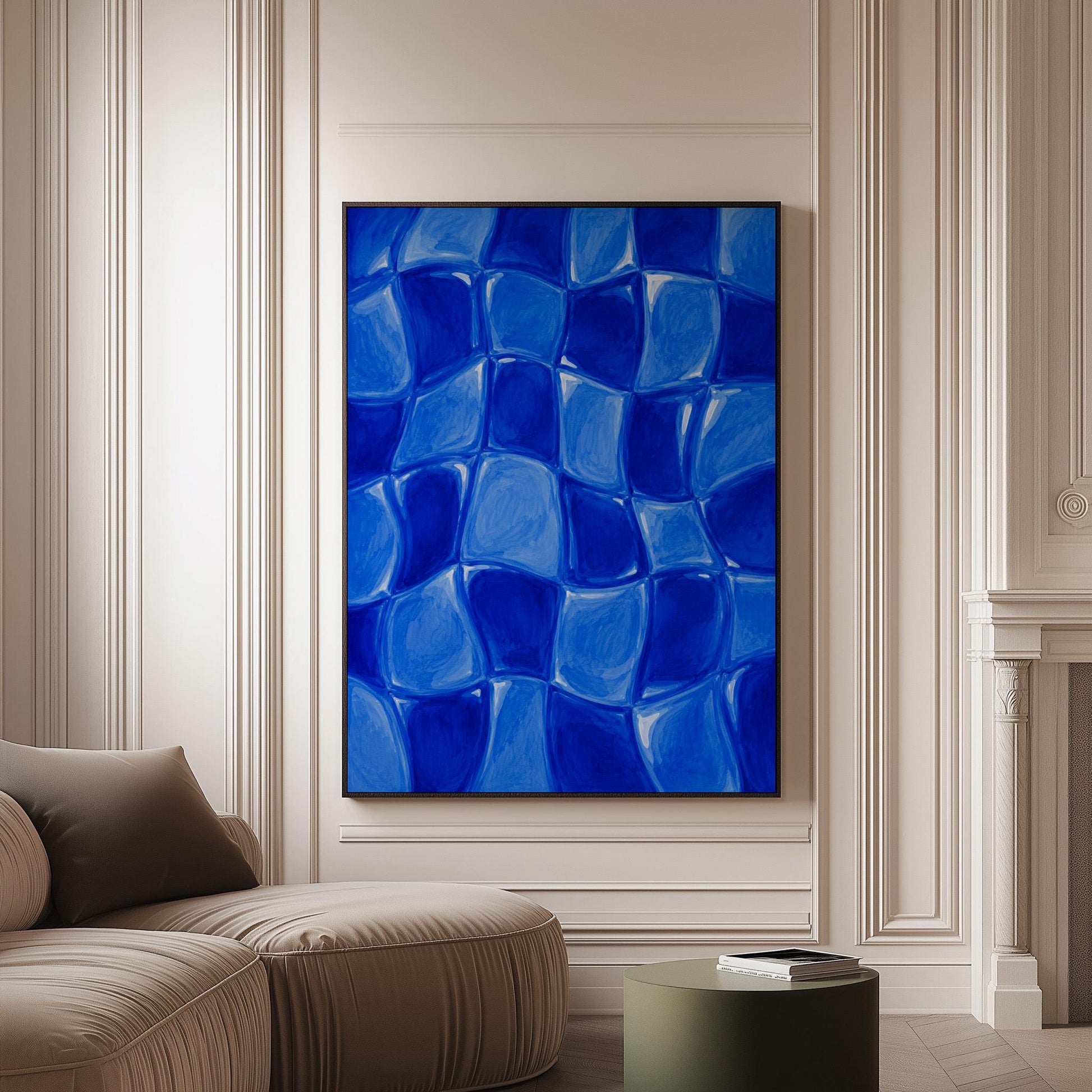 Wavy checkered squares in deep cobalt blue, canvas print on a softly lit wall in a calm interior