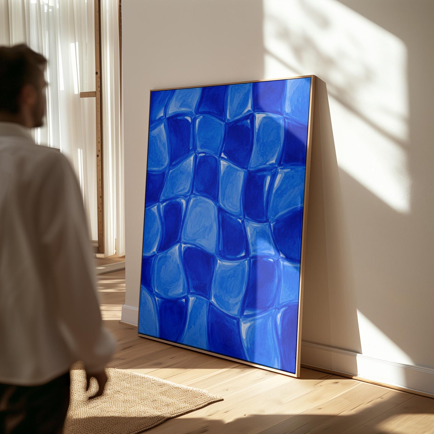 Wavy checkered squares in deep cobalt blue, canvas wall art styled against a soft white wall