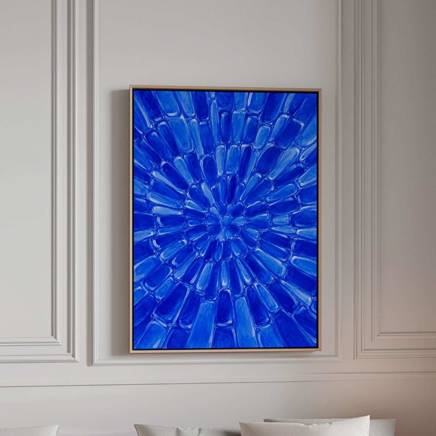 Radial starburst rays in electric cobalt blue, canvas print in a bright room with natural daylight