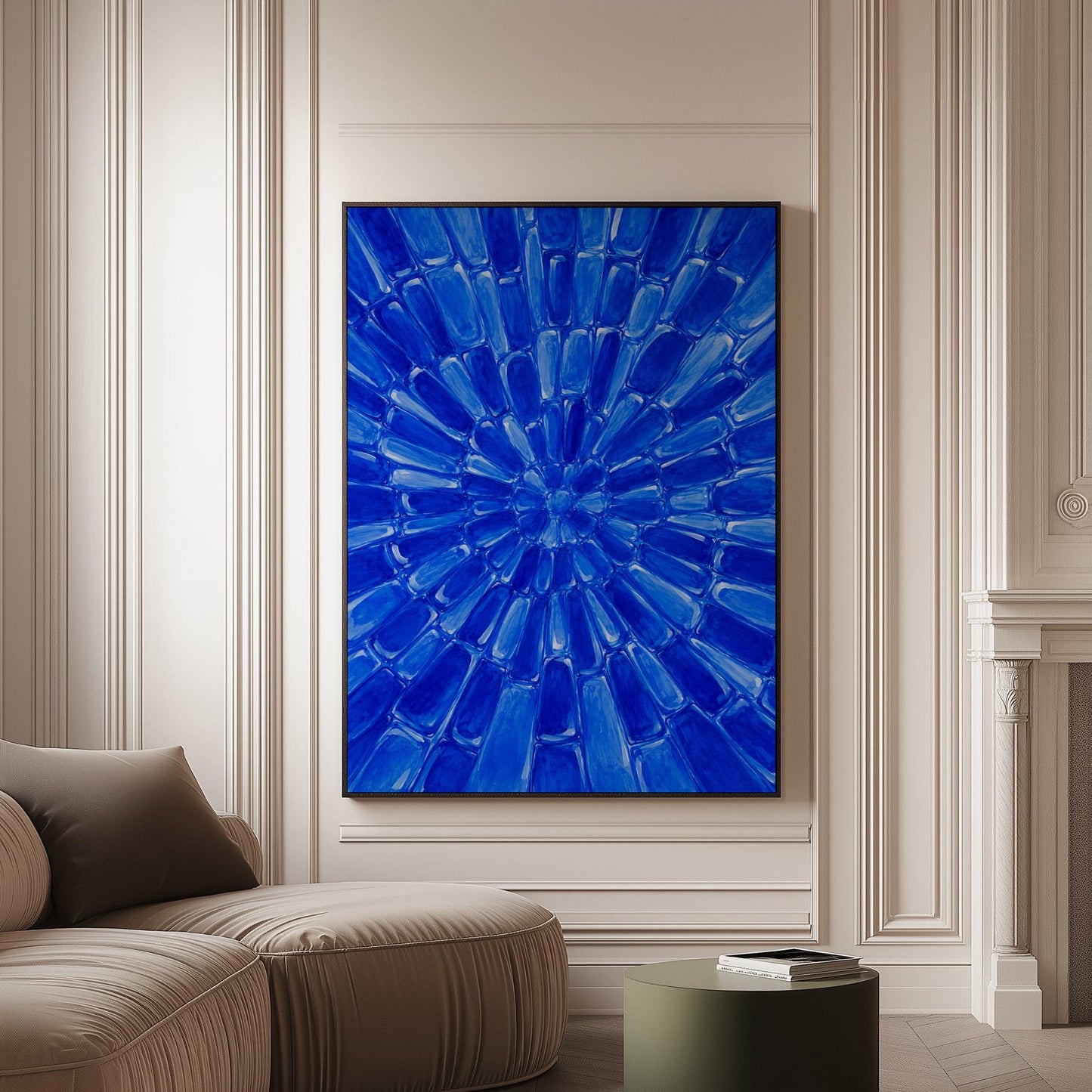 Radial starburst rays in electric cobalt blue, canvas print on a softly lit wall in a calm interior