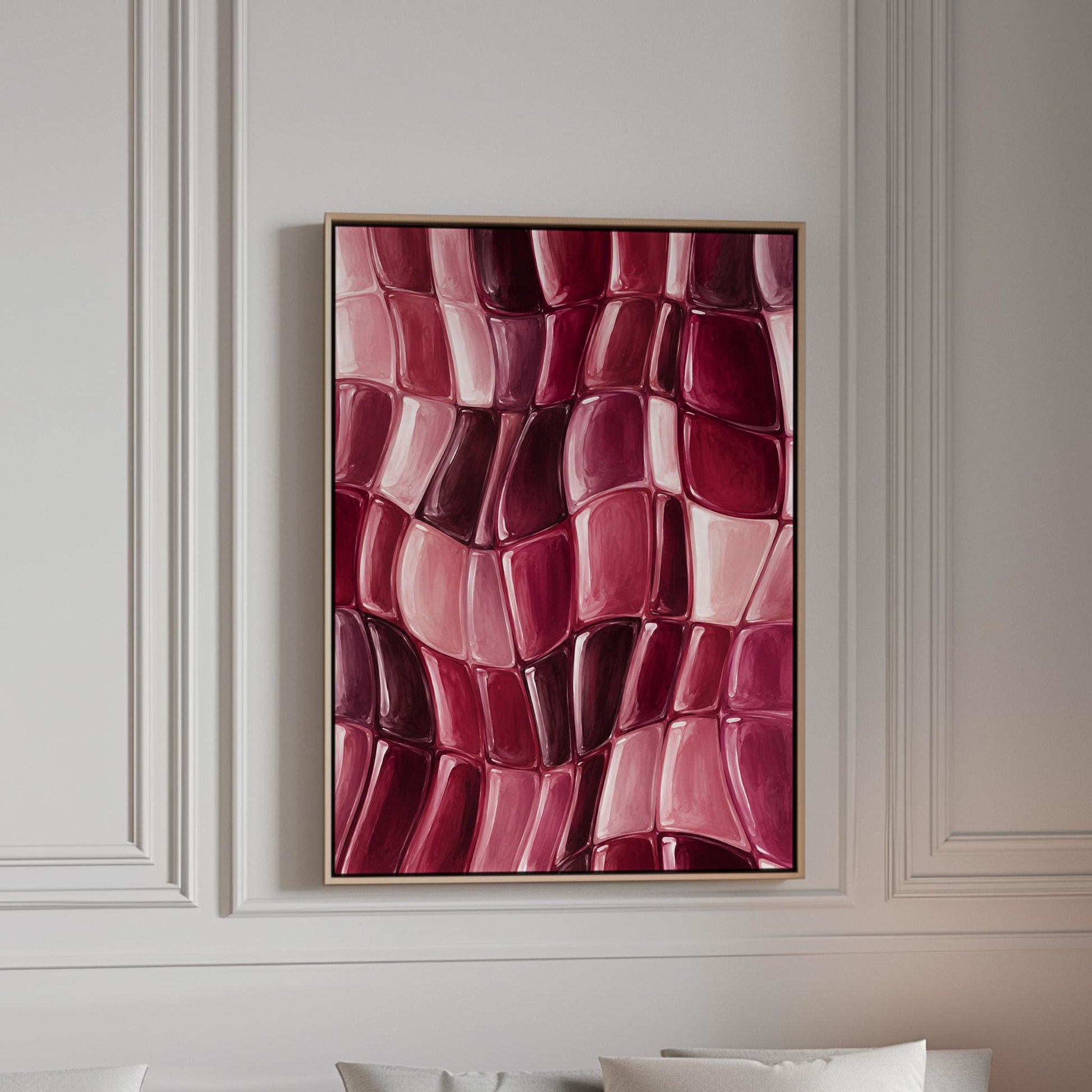 Wavy checkered weave in burgundy and wine tones, canvas print in a bright room with natural daylight