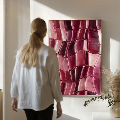 Wavy checkered weave in burgundy and wine tones, canvas print seen in a warm interior with natural light