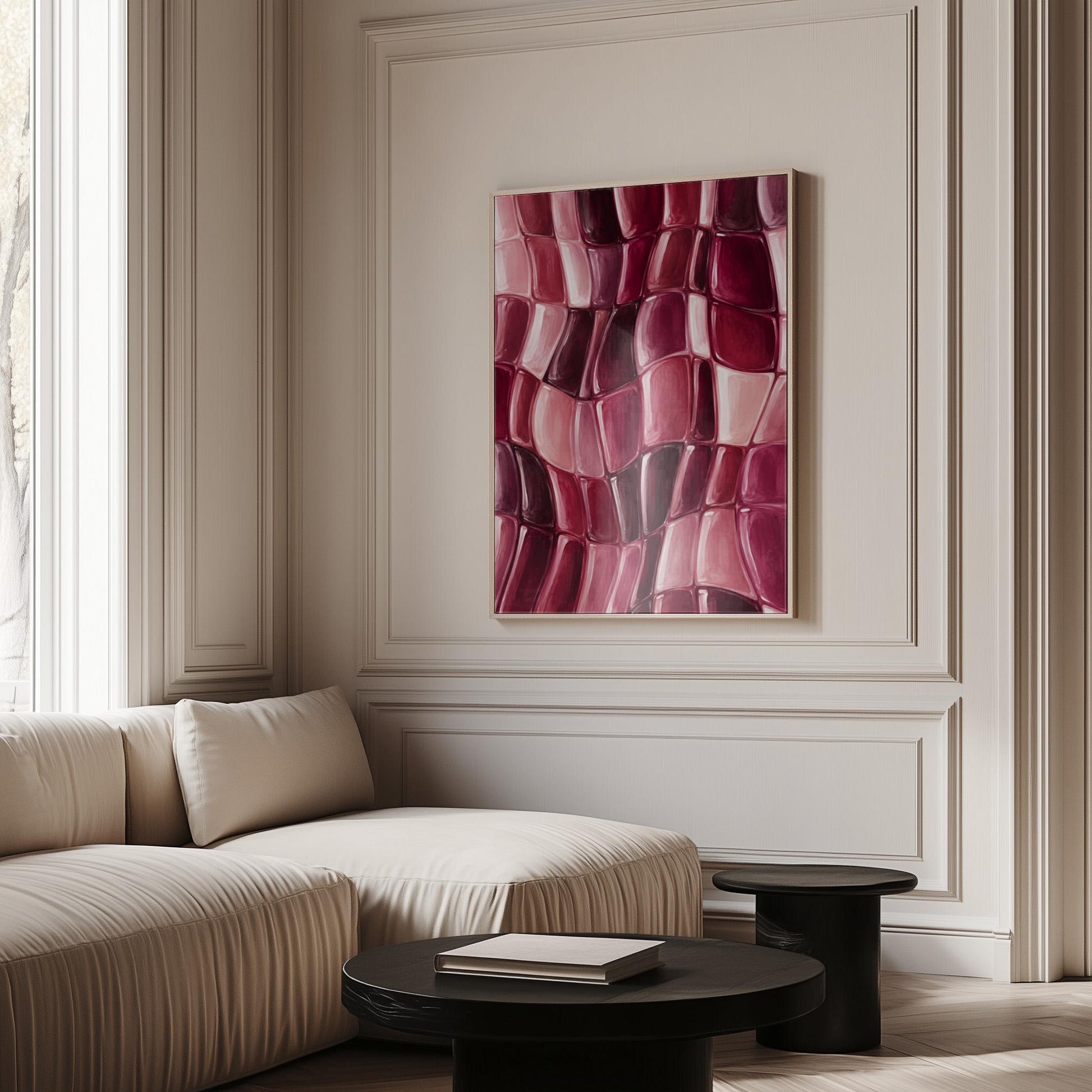 Wavy checkered weave in burgundy and wine tones, canvas print presented in a light, minimal room