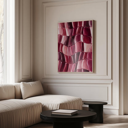 Wavy checkered weave in burgundy and wine tones, canvas print presented in a light, minimal room