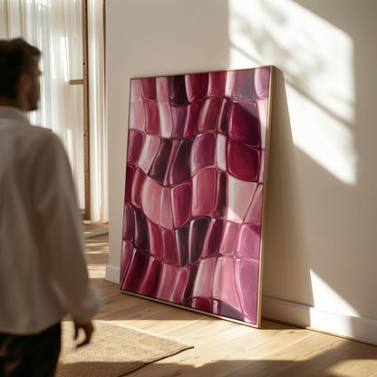Wavy checkered weave in burgundy and wine tones, canvas print shown to scale in a furnished room