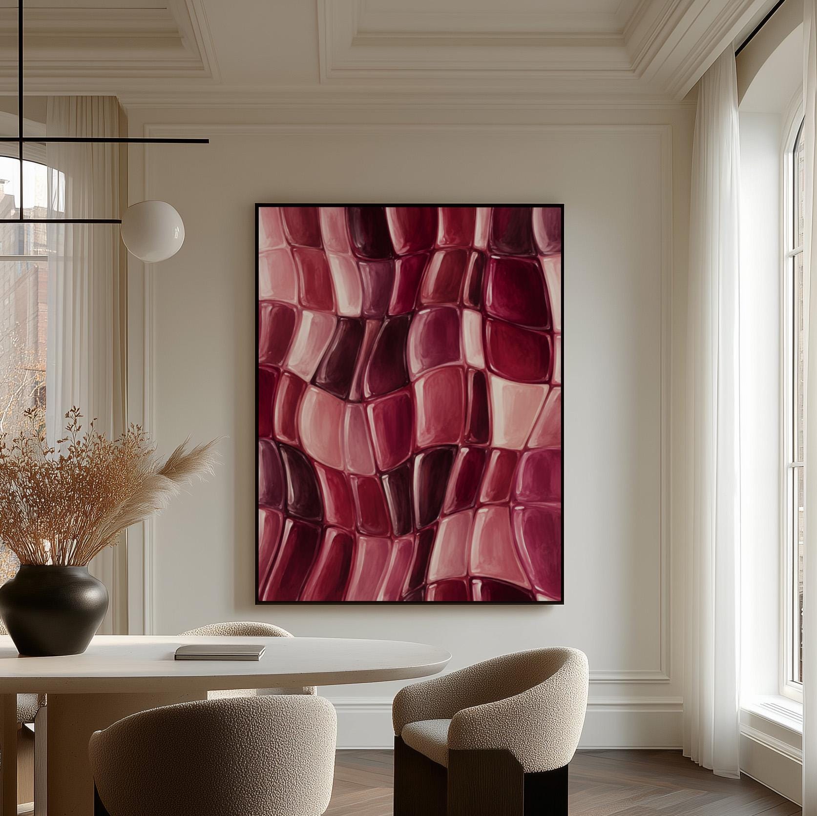 Wavy checkered weave in burgundy and wine tones, canvas wall art hanging in a calm, modern living space