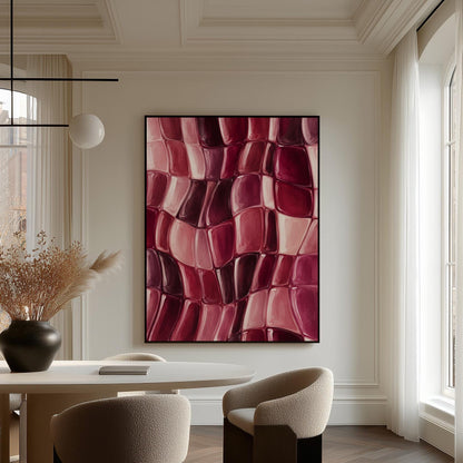 Wavy checkered weave in burgundy and wine tones, canvas wall art hanging in a calm, modern living space
