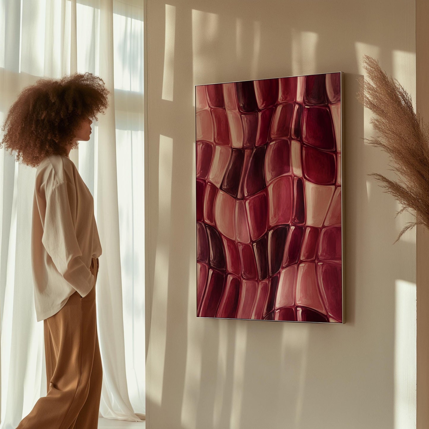 Wavy checkered weave in burgundy and wine tones, canvas print styled against a soft white wall