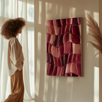 Wavy checkered weave in burgundy and wine tones, canvas print styled against a soft white wall